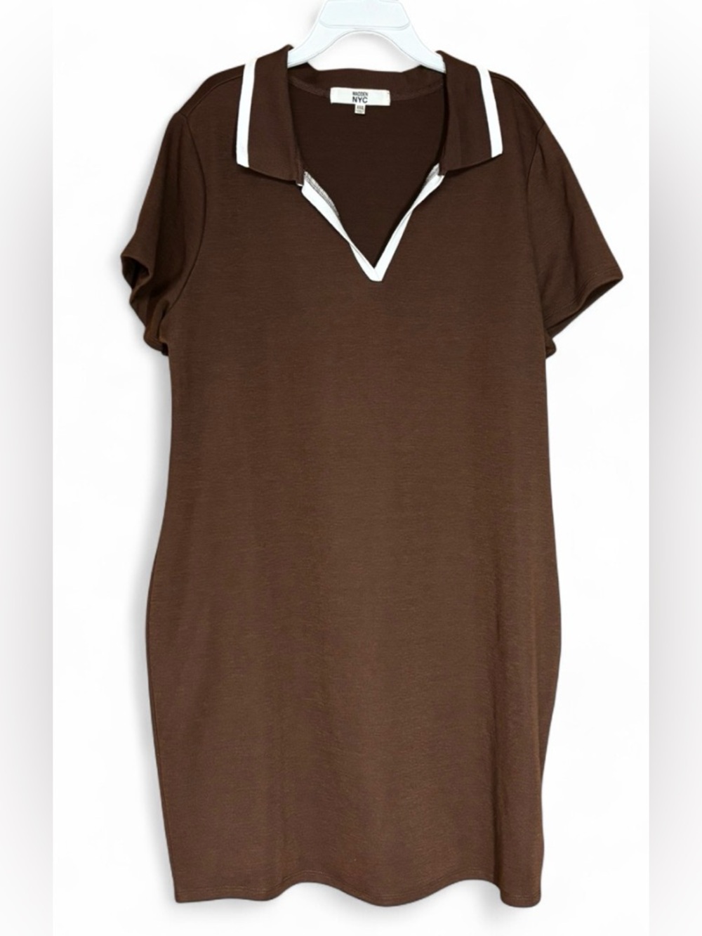 Madden NYC Brown Polo V-Neck Shift Dress White Contrast Trim Short Sleeve SzXXXL